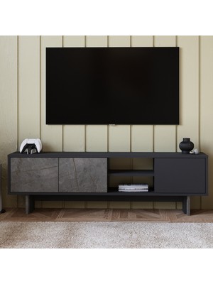 İnarch Dizayn Ravello Tv Sehpası - 3 Kapaklı Modern Tasarım, Gordion Mermer/Antrasit