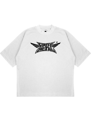 Pure Effect Unisex Oversize Baby Metal Yelpaze Baskılı Boxy Fit Kalın Kumaşlı T-Shirt