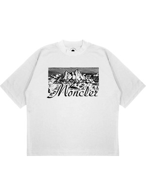 Pure Effect Unisex Oversize Çizgili Dağ Yazı Baskılı Boxy Fit Kalın Kumaşlı T-Shirt