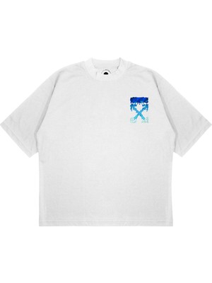 Pure Effect Unisex Oversize Off Whıte Blue Melted Baskılı Boxy Fit Kalın Kumaşlı T-Shirt