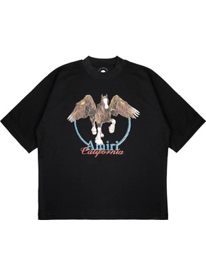 Pure Effect Unisex Oversize Atlı Kartal Baskılı Boxy Fit Kalın Kumaşlı T-Shirt