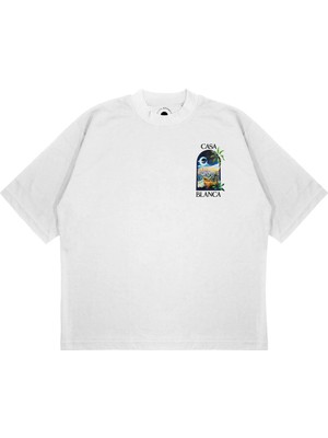Pure Effect Unisex Oversize Casablanca Palmiyeli Baskılı Boxy Fit Kalın Kumaşlı T-Shirt