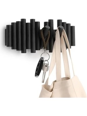 Esranın Dünyası Fonksiyonel Ahşap Duvar Askısı, 5 Çekilebilir Kanca, Siyah