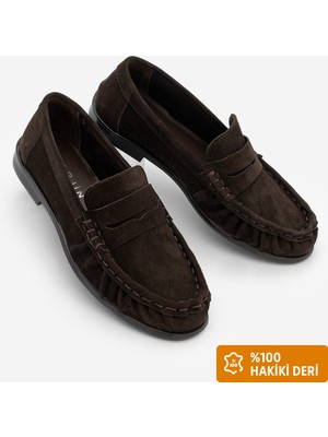 Marjin Kadın Hakiki Deri Oval Burun Makosen Dikişli Büzgülü Loafer Günlük Ayakkabı Elsan Kahve Süet