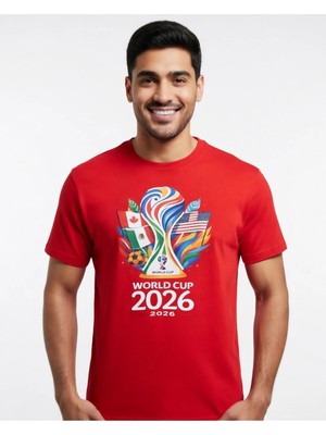 Efendioğlu Design Kısa Kollu Kupa Görselli 2026 Dünya Kupası Logolu Amerika-Mexico-Kanada Baskılı T-Shirt