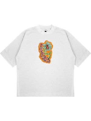 Pure Effect Unisex Oversize Stussy Papatya Logo Baskılı Boxy Fit Kalın Kumaşlı (240GSM) T-Shirt