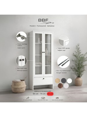 BBF Furniture Modern Design %100 Mdf, Cam Kapaklı 84 cm Vitrin ve Kitaplık – 5 Raflı, Çekmeceli, Çok Amaçlı Dolap | Modern Tasarım