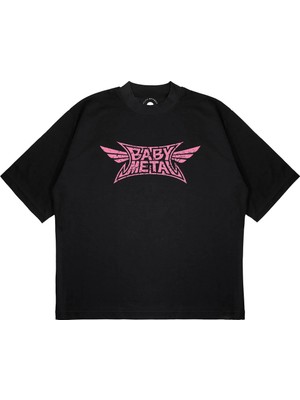Pure Effect Unisex Oversize Baby Metal Pembe Baskılı Boxy Fit Kalın Kumaşlı T-Shirt