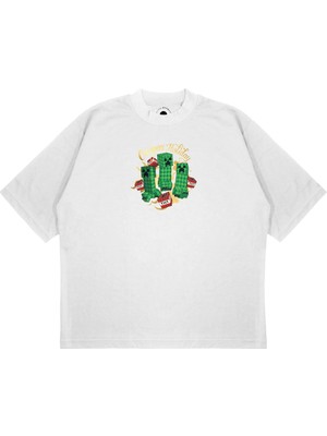 Pure Effect Unisex Oversize Mınecraft Creeper Holıday Baskılı Boxy Fit Kalın Kumaşlı (240GSM) T-Shirt
