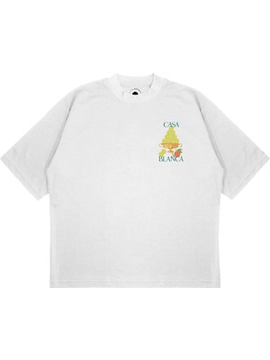 Pure Effect Unisex Oversize Casablanca Tenıs Top Kadeh Baskılı Boxy Fit Kalın Kumaşlı (240GSM) T-Shirt