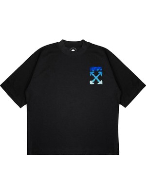 Pure Effect Unisex Oversize Off Whıte Blue Melted Baskılı Boxy Fit Kalın Kumaşlı T-Shirt