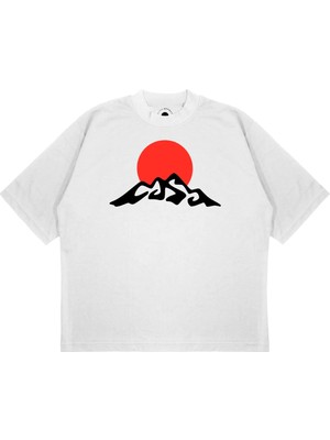 Pure Effect Unisex Oversize Kırmızı Dağ Baskılı Boxy Fit Kalın Kumaşlı T-Shirt