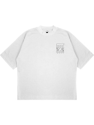 Pure Effect Unisex Oversize Off-Whıte Zıg Zag Baskılı Boxy Fit Kalın Kumaşlı (240GSM) T-Shirt
