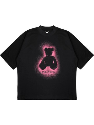 Pure Effect Unisex Oversize Sprey Ayıcık Siluet Baskılı Boxy Fit Kalın Kumaşlı T-Shirt