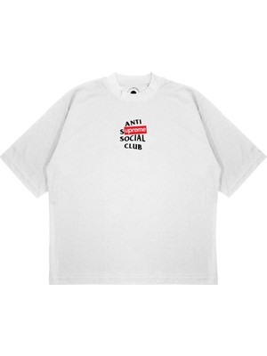 Pure Effect Unisex Oversize Antı Socıal Suprem Baskılı T-Shirt