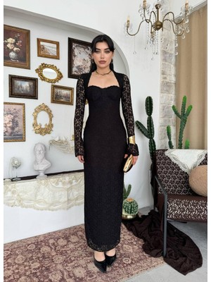 MBK Fashion Beyaz Dantel Uzun Kollu Abiye Elbise