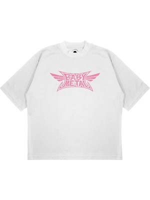 Pure Effect Unisex Oversize Baby Metal Pembe Baskılı Boxy Fit Kalın Kumaşlı T-Shirt