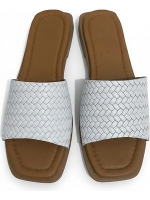 Efw %100 Hakiki Deri Beyaz Kadın Terlik