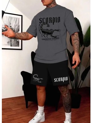 Punix Büyük Beden Özel Seri Scorpio Baskılı %100 Pamuk Dış Mekan Modern Erkek T-Shirt Şort Takımı