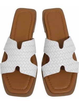 Efw %100 Hakiki Deri  Helen Düz Beyaz Terlik