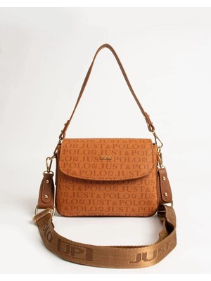 Just Polo Kadın Taba Baskı Desenli Kolon Askılı 3 Bölmeli Omuz Çantası 25X15CM