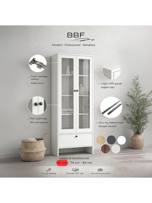BBF Furniture Modern Design %100 Mdf, Cam Kapaklı 64 Cm, Vitrin ve Kitaplık – 5 Raflı, Çekmeceli, Çok Amaçlı Dolap | Modern Tasarım