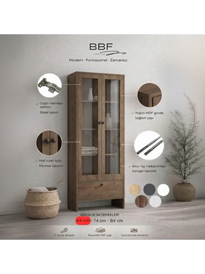 BBF Furniture Modern Design %100 Mdf, Cam Kapaklı 64 Cm, Vitrin ve Kitaplık – 5 Raflı, Çekmeceli, Çok Amaçlı Dolap | Modern Tasarım