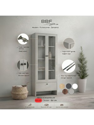 BBF Furniture Modern Design %100 Mdf, Cam Kapaklı 64 Cm, Vitrin ve Kitaplık – 5 Raflı, Çekmeceli, Çok Amaçlı Dolap | Modern Tasarım