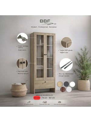 BBF Furniture Modern Design %100 Mdf, Cam Kapaklı 64 Cm, Vitrin ve Kitaplık – 5 Raflı, Çekmeceli, Çok Amaçlı Dolap | Modern Tasarım