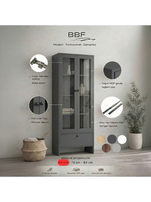 BBF Furniture Modern Design %100 Mdf, Cam Kapaklı 64 Cm, Vitrin ve Kitaplık – 5 Raflı, Çekmeceli, Çok Amaçlı Dolap | Modern Tasarım