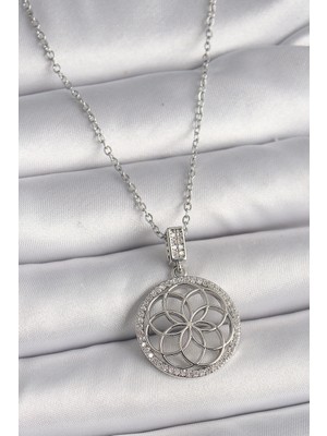 Uravas Store Çelik Gümüş Renk Zincir Zirkon Taşlı Lotus Model Kadın Kolye