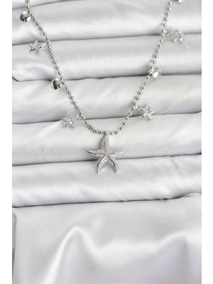 Uravas Store Pirinç Gümüş Renk Zirkon Taşlı Deniz Yıldızı Model Kadın Kolye