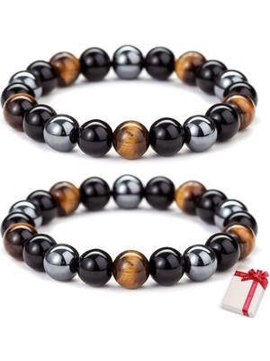 Delixa Feelairy 2 Adet Kaplan Gözü Taşlı Bileklik, Erkekler Kadınlar Için, Elastik Değerli Taşlar, Obsidiye