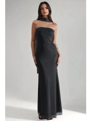Hiccup Kadın Puantiye Desenli Atkı Detaylı Straplez Maxi Elbise Siyah