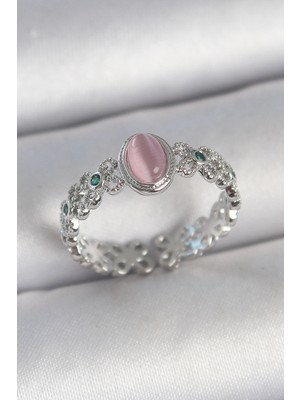 Uravas Store Pirinç Gümüş Renk Zirkon Taş Detaylı Pembe Mineli Damla Model Ayarlanabilir Kadın Yüzük