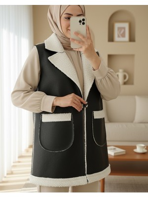 Modamorfo Içi Kuzu Peluş Çift Cepli Yelek   -Ekru