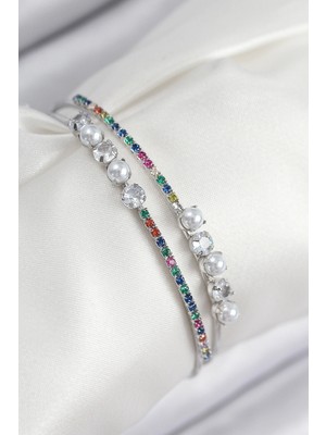 Uravas Store Pirinç Zirkon Taşlı Inci Model Gümüş Renk Kadın Bileklik