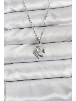 Uravas Store Çelik Zincir Gümüş Renk Balık Model Zirkon Taşlı Kadın Kolye