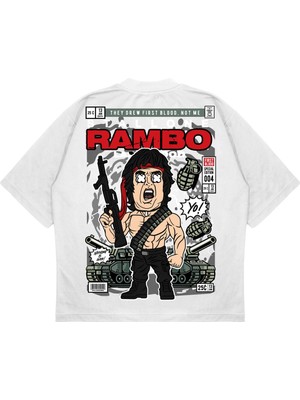 Pure Effect Unisex Oversize Rambo Sırt Baskılı Baskılı Boxy Fit Kalın Kumaşlı T-Shirt