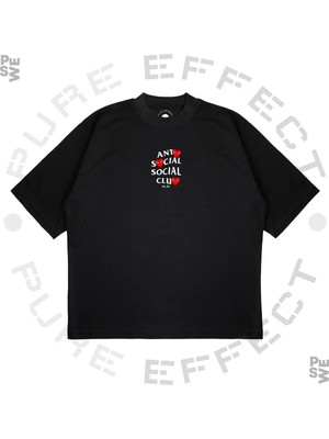 Pure Effect Unisex Oversize Antı Socıal Socıal Club Kalplı Baskılı Boxy Fit Kalın Kumaşlı T-Shirt