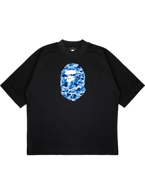Pure Effect Unisex Oversize Bathıng Mavı Kamuflaj Baskılı Boxy Fit Kalın Kumaşlı T-Shirt
