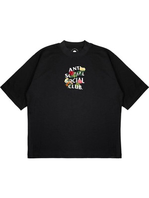 Pure Effect Unisex Oversize Antı Socıal Socıal Güller Baskılı Boxy Fit Kalın Kumaşlı T-Shirt
