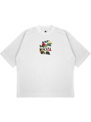 Pure Effect Unisex Oversize Antı Socıal Socıal Güller Baskılı Boxy Fit Kalın Kumaşlı T-Shirt