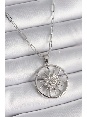 Uravas Store Çelik Gümüş Renk Zirkon Taşlı Güneş Madalyon Model Kadın Kolye