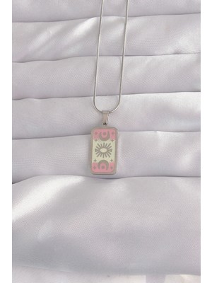 Uravas Store Çelik Gümüş Renk Pembe Mineli Ay Figür Tarot Kolye