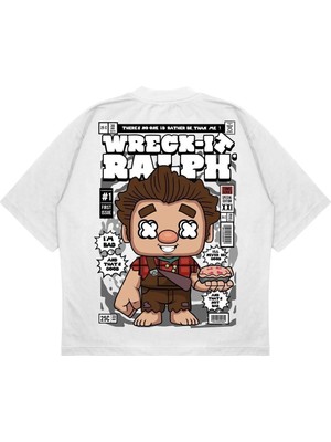 Pure Effect Unisex Oversize Wreck-It-Ralph Sırt Baskılı Boxy Fit Kalın Kumaşlı T-Shirt