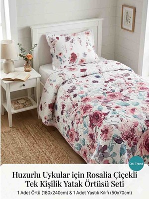 Taç Rosalia Çiçekli Tek Kişilik Yatak Örtüsü Seti - Kapitone Yatak Örtüsü + Yastık Kılıfı