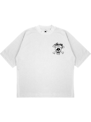 Pure Effect Unisex El Yazı Iskelet Baskılı Boxy Fit Kalın Kumaşlı T-Shirt