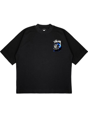 Pure Effect Unisex Mavı Bılardo Topu Baskılı Boxy Fit Kalın Kumaşlı T-Shirt
