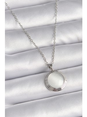 Uravas Store Çelik Gümüş Renk Beyaz Sedefli Daire Model Kadın Kolye
